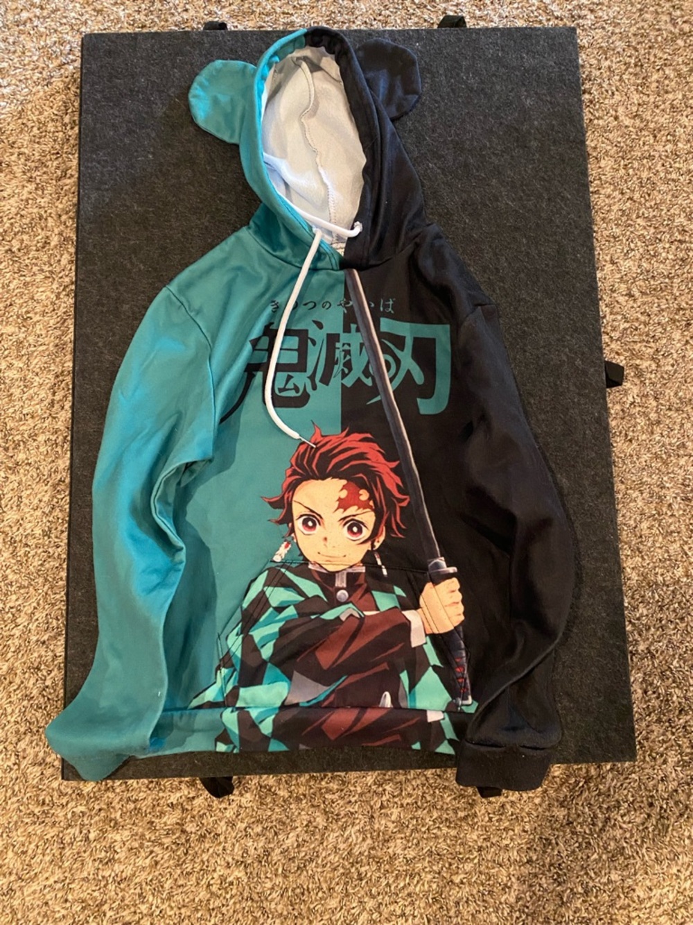 Demon Slayer Tanjiro Kids Hoodie - Black & Teal Anime Pullover